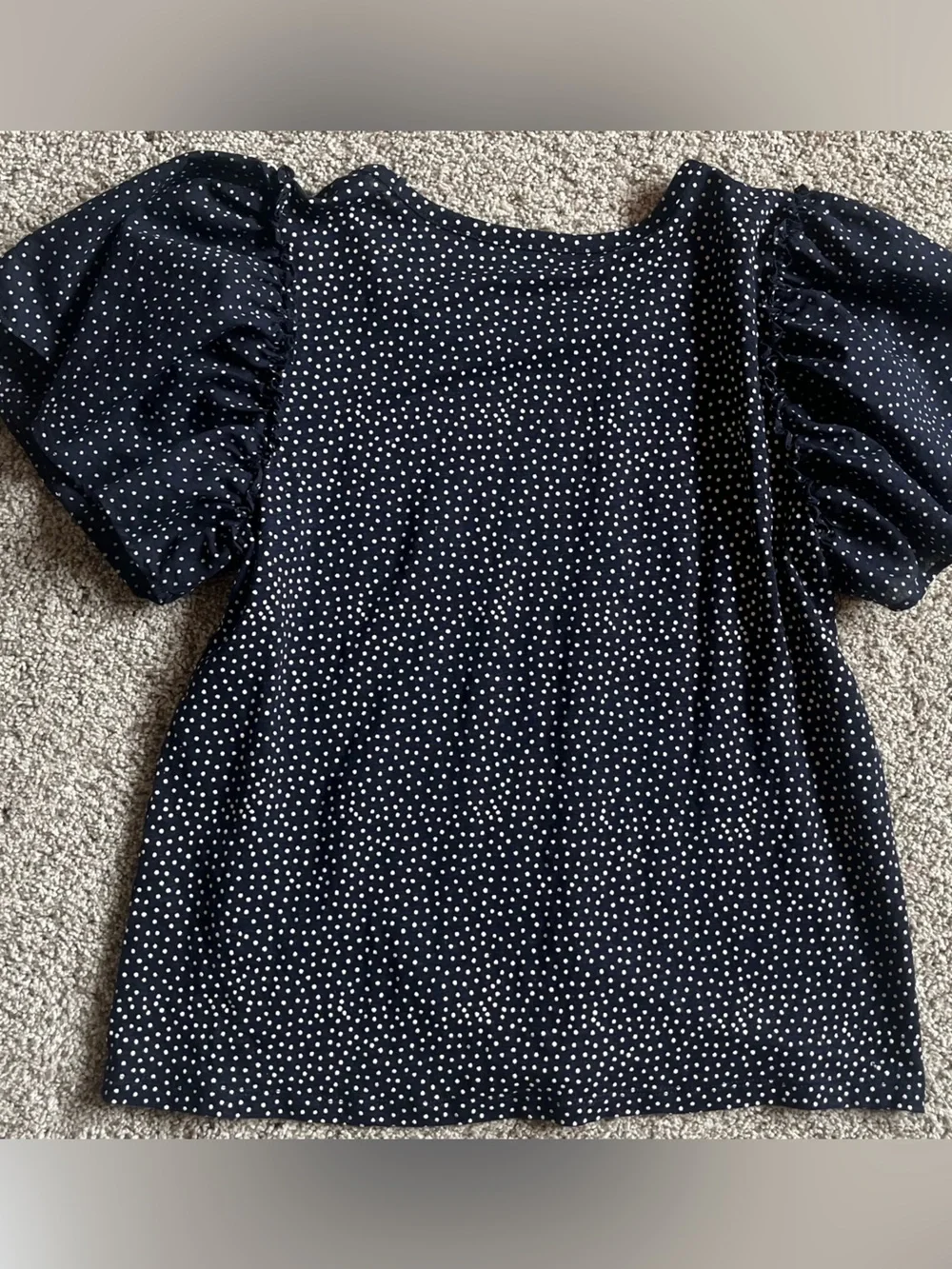 LOFT Linen Navy Polka Dot Puff Sleeve Blouse
